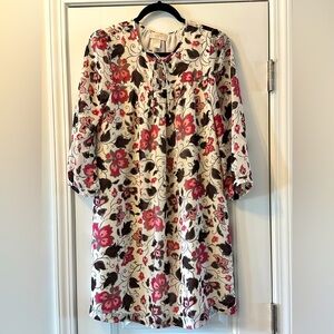 NWOT Ann Taylor Loft White and Floral Peasant Dress with Tie Neck Size Small